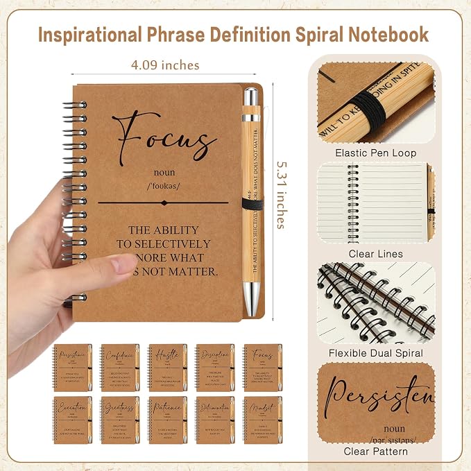 TecUnite 10 Sets Inspirational Spiral Notebooks with Motivational Bamboo Pens, Employee Appreciation Gift for Coworker Team Staff Teachers Students, Thank You Gift Notepad Journal Bulk (Brown)
