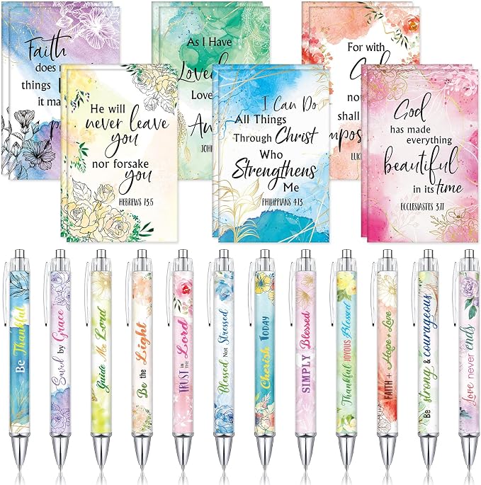 Colarr 12 Sets Christian Bulk Gifts for Women Bible Verse Pens Notebooks Religious VBS Scripture Ballpoint Pens Bookmarks Journal for Easter Sunday School Church Inspirational Supply(Flower)