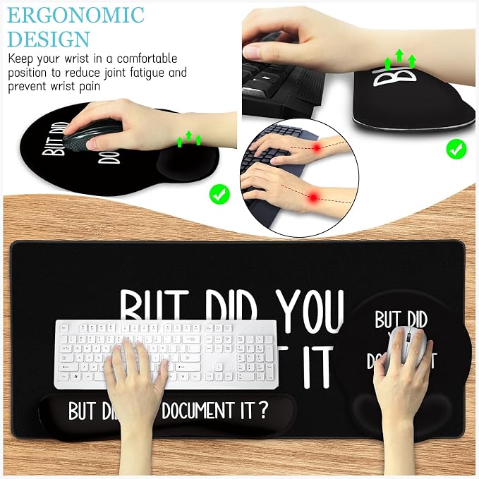 LIMKRIAN Black Mouse Pad Large Desk Mat Set, But Did You Document It Decor | Ergonomic Gel Wrist Rest, Computer Keyboard Mat, Memory Foam Wrist Support, Coaster, Office Desk Accessories Supplies Gifts