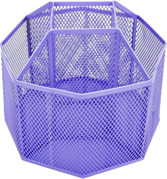 Annova Mesh Desk Organizer Rotate with 5 Compartments Spinning Tidy Candy/Pen Holder Office, Art Supply, Storage, Classroom, Home (Purple)