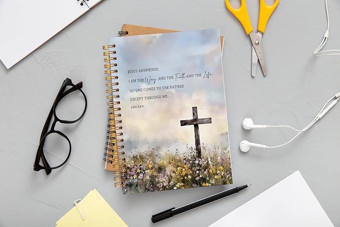 Ecezatik Wildflower Cross Christian Notebook Journal, John 14:6 Bible Notebook for Note Taking, Christian Gifts for Women, Religious Scripture Spiral Journal 5.5x8.3 Inch