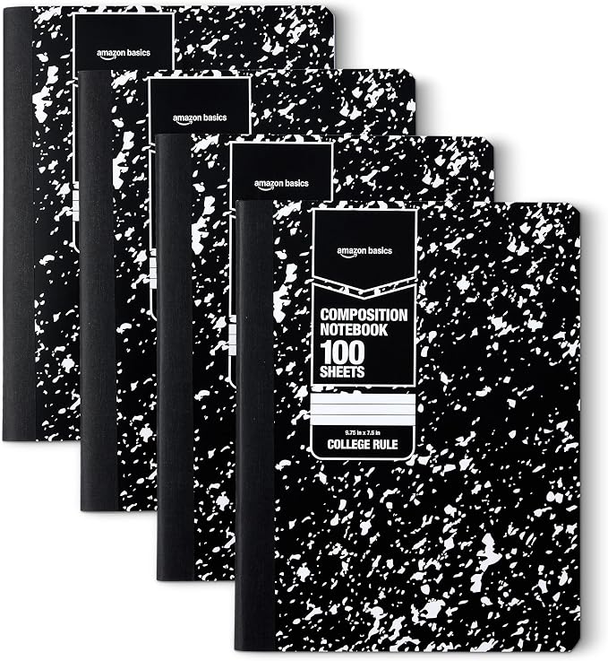 Amazon Basics Composition Notebook, College Ruled, 100 Sheets, 9.75" x 7.5", Marble Black, with Conversion Charts, 4-Pack