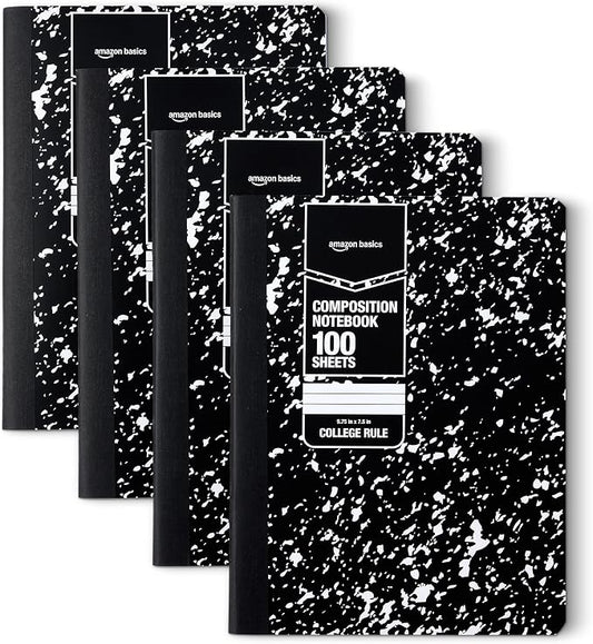 Amazon Basics Composition Notebook, College Ruled, 100 Sheets, 9.75" x 7.5", Marble Black, with Conversion Charts, 4-Pack