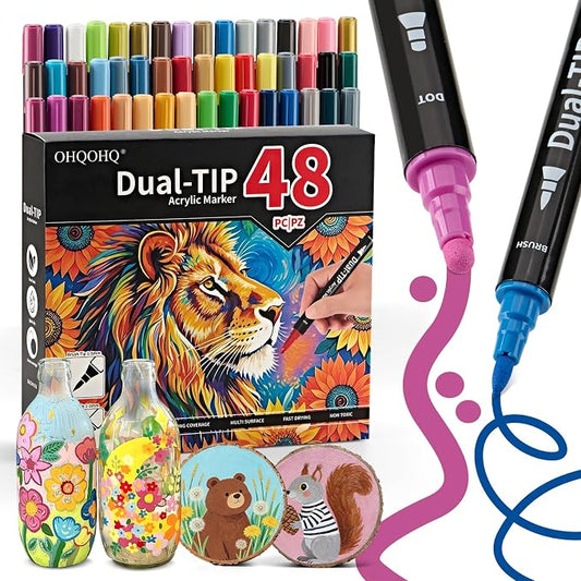 48 Colors Acrylic Paint Markers, Dual Tip with Fine Tip and Brush Tip, Acrylic Markers for Rock Painting, Canvas, Wood, Glass, Ceramic, Metal, DIY Crafts Art Supplies Kit