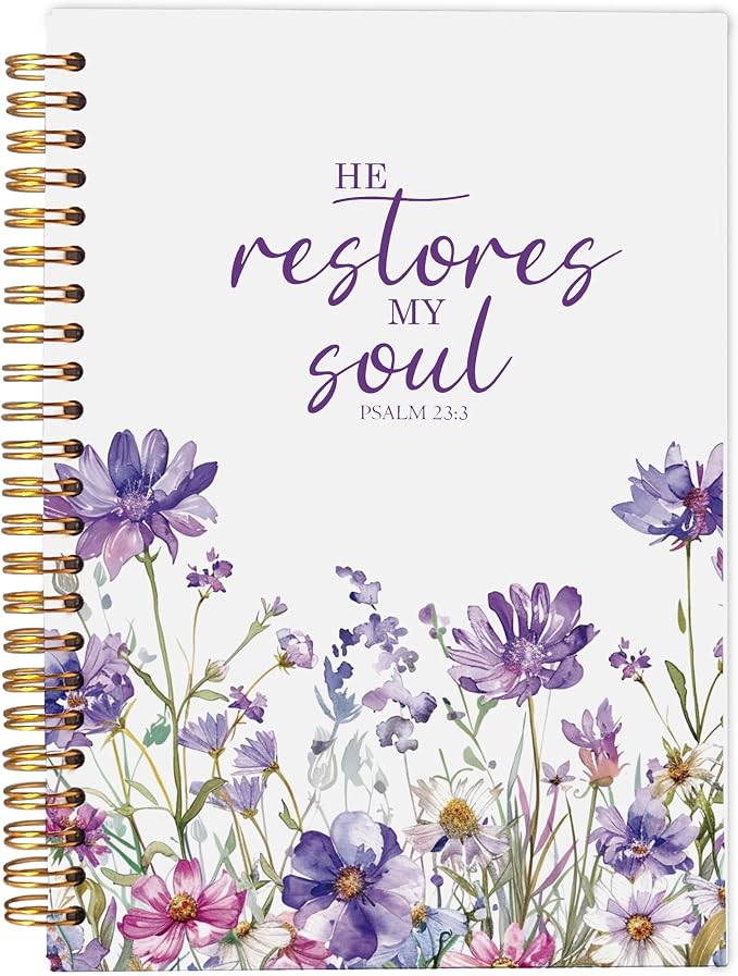 Christian Notebook for Women, Christian Gifts Journal, Prayer Journal for Women, Bible Journaling Notebook, PSALM 23:3 He Restores My Soul Floral Spiral Notebook 5.5x8.3