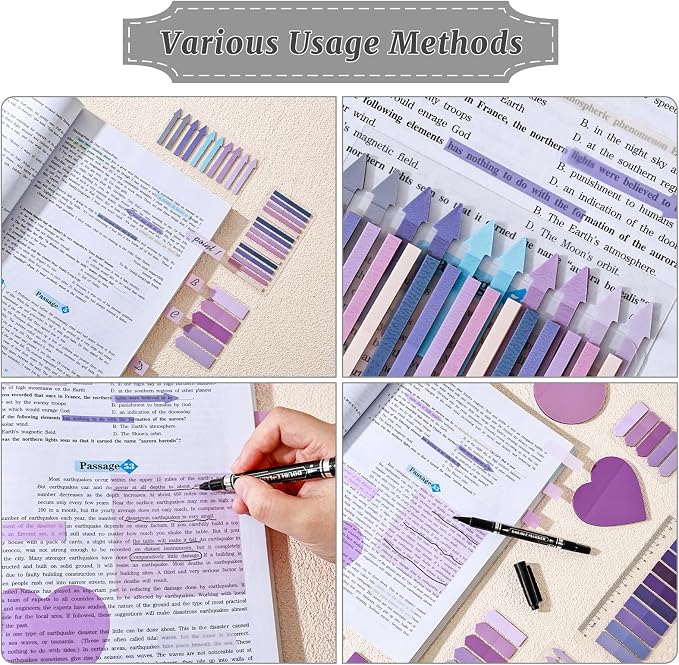 1450 Sheets Transparent Sticky Notes, 3 x 3 inch Aesthetic Clear Lined Sticky Notes with Pen, Gradient Color Waterproof Self-Adhesive Annotation Tabs for Bible Journaling (Purple)