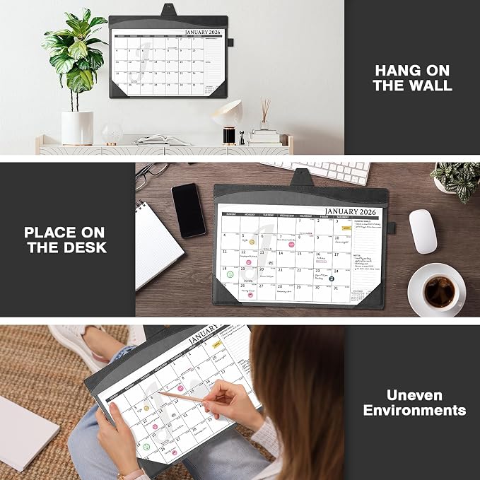 Ospelelf Leather Desk Calendar 2026-2027 with Storage Pocket Protective Cover Large 12"x17" Monthly Planner Pad 18 Months January 2026 - June 2027 Black