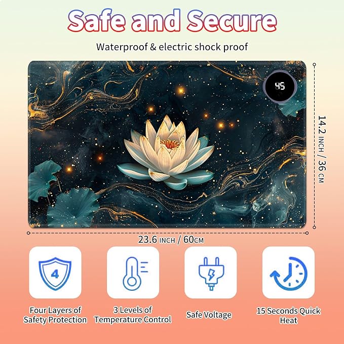 Heated Desk Pad Large Mouse Pad 23.6 x 14.1 inch with 3 Levels Heating & Auto Shut-Off Warm Mouse pad PU Leather Computer Mousepad for Home Office Work - Lotus Flowers