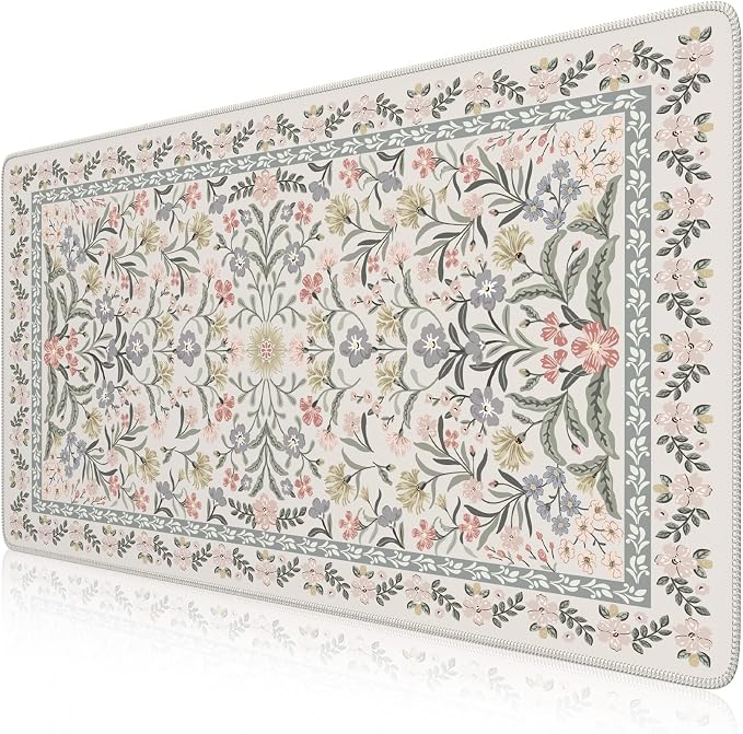 iCasso Desk Matt for Desktop, Cute Desk Pad Mat, XXL Large Mouse Pad, Anti-Slip Big Mousepad with Stitched Edges, Keyboard Pad for Computer(Gray Floral)