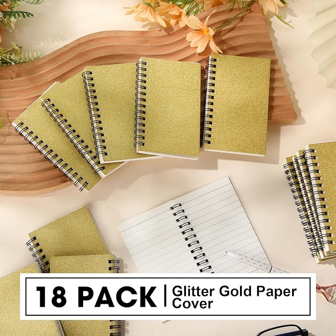 Jutom 18 Pcs Small Spiral Notebooks Memo Pads 3x5 Bulk Small Pocket Notepads Back to School Supplies Mini Notebook with Lined Mini Journals for Office & Work, 120 Pages (Glitter Gold)