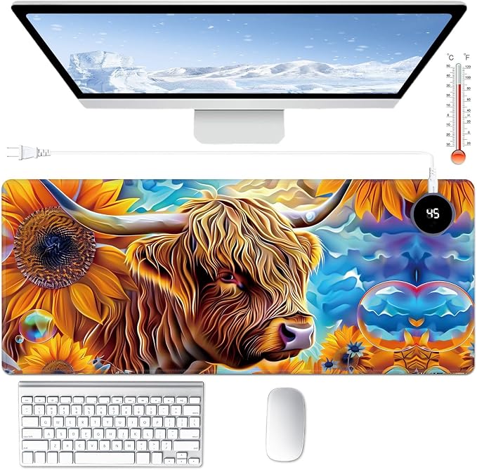 Heated Desk Pad Large Mouse Pad 31.5 x 13 inch with 3 Levels Heating & Auto Shut-Off Warm Mouse pad PU Leather Computer Mousepad for Home Office Work - Sunflower Cow