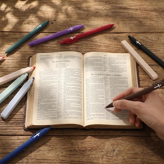 12 Pcs Cross Gel Pens and Highlighters Set 6 Gel Pens 0.5mm 6 No Bleed Highlighters Bible Study Pen and Highlighter for Journaling Church Supplies Christian Stationery (Black,Pastel)