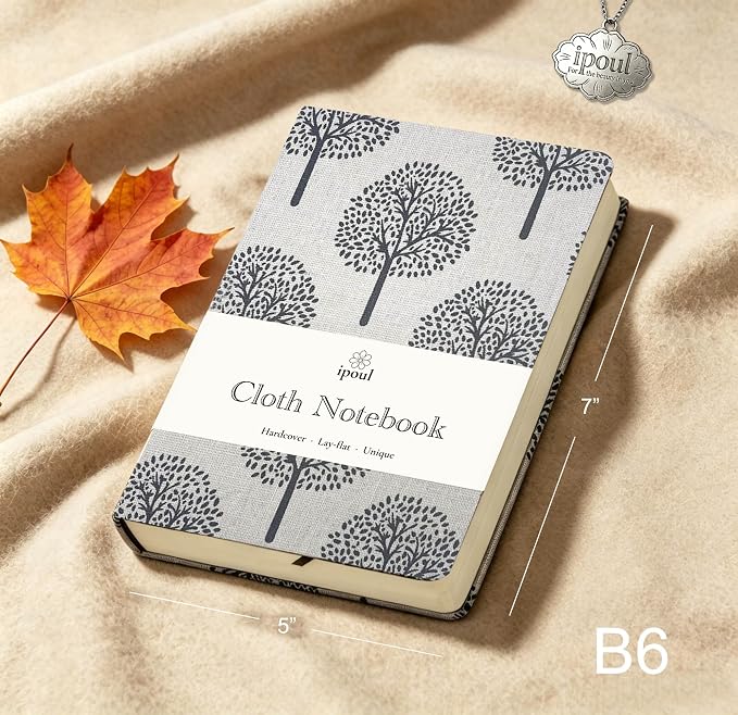 B6 Small Notebooks 5x7, Linen Cloth, Hardcover, Lay Flat, Ruled & Blank 264 Pages Thick Sketchbook, Black Tree Beige Fabric, Wear-resistant Writing Journal