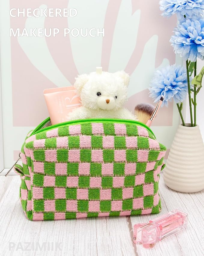 Checkered Makeup Bag for Purse, Small Travel Cosmetic Pouch,Pink Green | Cute Zipper Makeup Organizer for Women, Travel Essentials, Toiletries, Makeup Brushes, Beauty Accessories&Bridesmaid Gifts