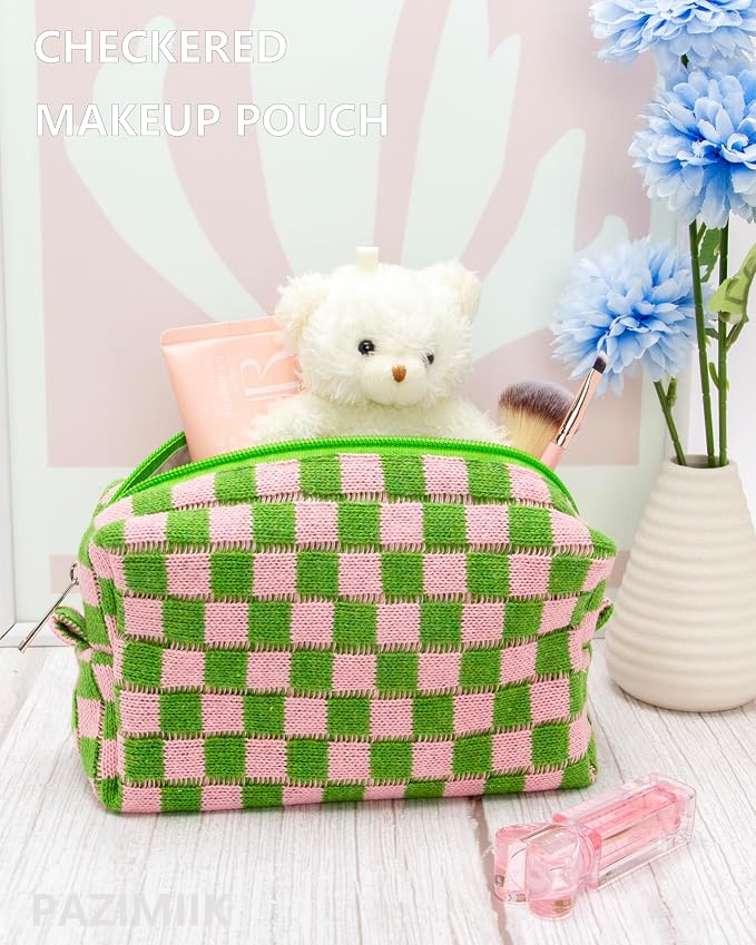 Checkered Makeup Bag for Purse, Small Cosmetic Pouch,Pink Green,2 Pack | Cute Zipper Makeup Organizer for Women, Travel Essentials, Toiletries, Makeup Brushes, Beauty Accessories&Bridesmaid Gifts