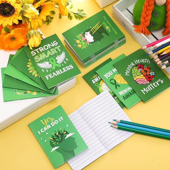30 Pcs Mini Mental Health Notepads Small Memo Pad Notepads Bulk Mental Health Awareness Green Ribbon Pocket Notebooks, 10 Styles