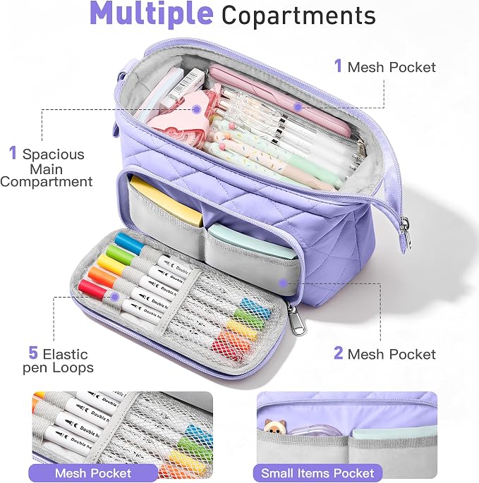 Zannaki Soft Quilted Large Pencil Pouch Organizer with Wide Opening for Boys Girls Teens - Extra Big Capacity Pen Pencil Bag with Zipper, Portable Pencil Case Box for School, College, Cosmetic Gift
