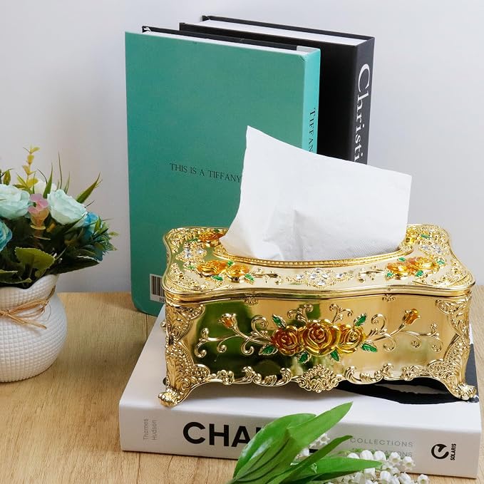 Luxurious Rose Tissue Box with Imitation Diamonds,Gold-Yellow | 9.45"x5.43"x3.94"，Embossed Flowers, Elegant Tissue Paper Holders，for Home Toilet Bath Hotel