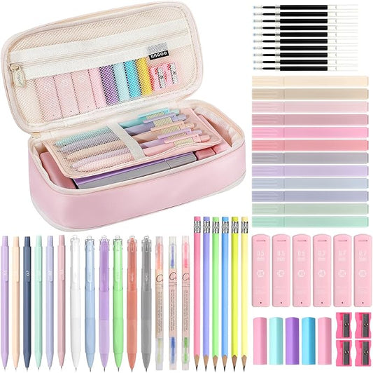 MoKo Pencil Case with Supplies, 59Pcs Aesthetic School Set, Pink | Includes gel pens, wooden and mechanical pencils, 0.5 and 0.7 mm refills, highlighters, erasers and sharpeners.