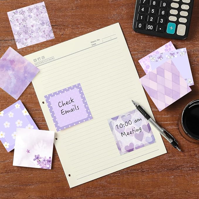 9 Pads Purple Sticky Notes Set, Cute Self-Stick Notepads, Super Adhesive Memo Pads Note Card, Office Decor Gifts, Desk Accessories for Students, School Supplies for Girls, 3x3in