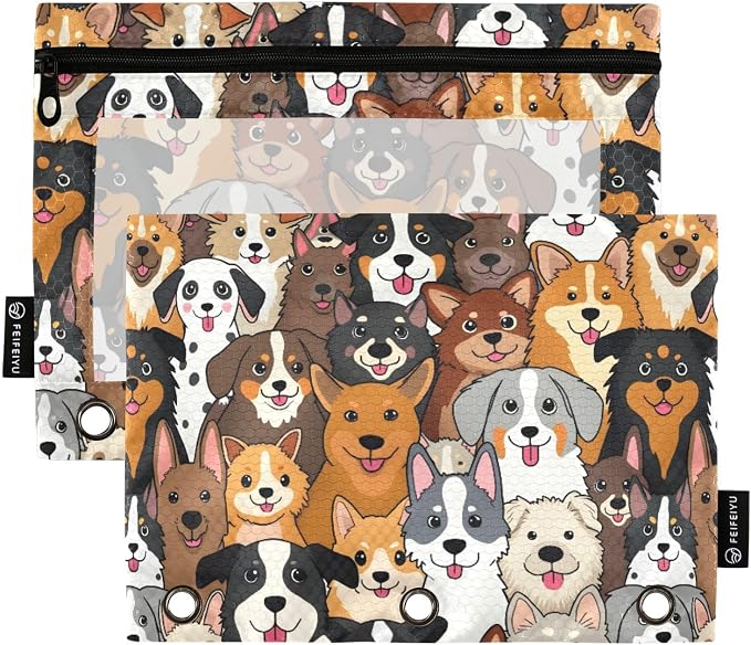 ALAZA Pencil Pouch for 3 Ring Binder, Cute Doodle Dog Animal Binder Pencil Pouches with Clear Window Zipper Pencil Case Cosmetic Bags for Office College Supplies, 2PCS