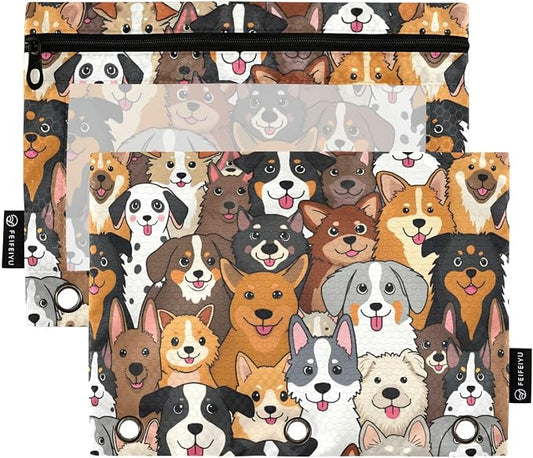 ALAZA Pencil Pouch for 3 Ring Binder, Cute Doodle Dog Animal Binder Pencil Pouches with Clear Window Zipper Pencil Case Cosmetic Bags for Office College Supplies, 2PCS