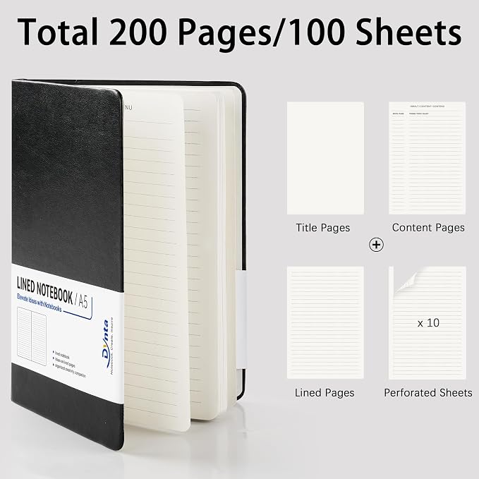 A5 Lined Journal 6 Pack - Black PU Leather Hardcover Notebook, 100gsm Thick Paper, 200 Pages (100 Sheets), Office Work Business Notebook with Table of Contents & Back Pocket for Meetings & Teams