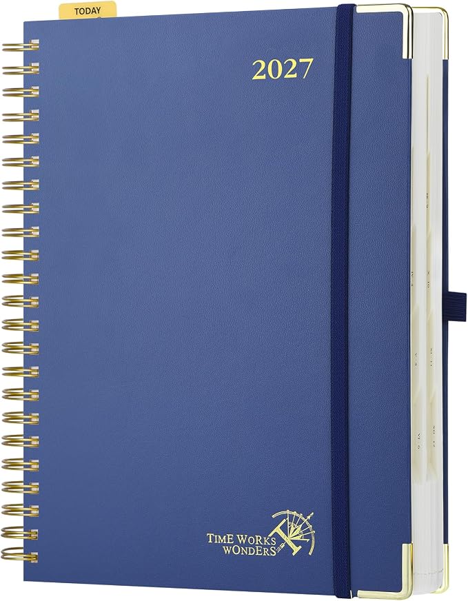 POPRUN 2027 Daily Planner One Page Per Day, Large 8.5" x 12", Calendar Book from Jan 2027 - Dec 2027, Hardcover Appointment Book with Hourly Time Slots, Spiral Bound, Monthly Tabs - Navy Blue