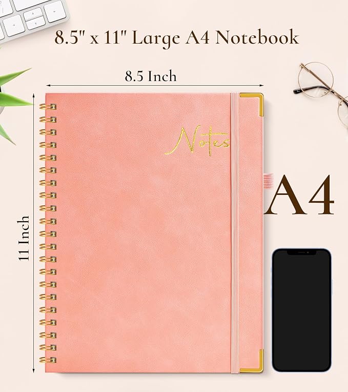 Blank Spiral Notebook Journal 8.5” x 11”, A4 Large Hardcover Sketch Book for Women Men, 100 GSM Blank Paper Drawing Notebook, Spiral Bound Sketchbook for Sketching School Work Note Taking, Pink