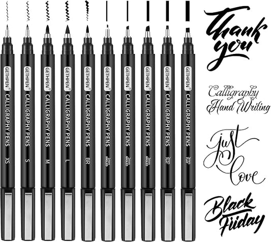 GETHPEN Calligraphy Brush Pen Set,10 Sizes Black Archival Ink Markers | Calligraphy Pens for Beginners, Black Archival Ink, 10 Sizes Calligraphy Markers, Writing, Drawing, Sketching, Scrapbooking