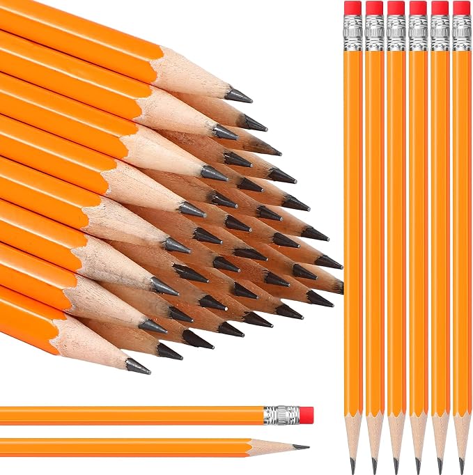 TecUnite 60 Pcs HB Pencils #2 Unsharpened Wood Cased Pencils with Eraser Hexagonal Pencil Cute Graphite No 2 Pen for Adults Gifts Exam School Office Sketching Learning(Yellow, Silver)