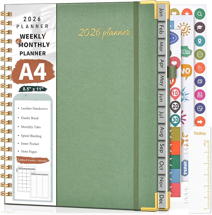 2026 Planner, Weekly and Monthly Calendar Planner from January 2026 - December 2026, 8.5" x 11" Hardcover Leather Hourly Appointment Book with Tabs, Spiral Daily Planners for School Work Home, Green