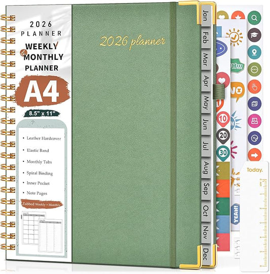 2026 Planner, Weekly and Monthly Calendar Planner from January 2026 - December 2026, 8.5" x 11" Hardcover Leather Hourly Appointment Book with Tabs, Spiral Daily Planners for School Work Home, Green