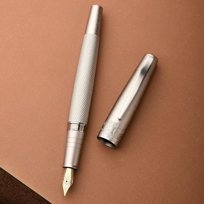 Hongdian 6013 Silver General Fountain Pen, Iridium Gold-silver Fude Nib Solid Metal Writing Pen with Metal Case