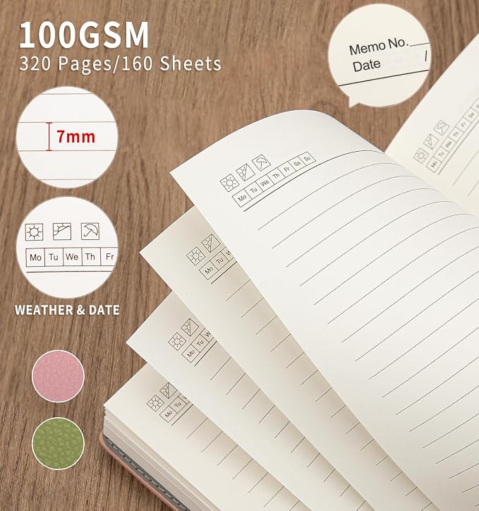 A5 Lined Leather Journal Notebook, Hardcover Journal Set with Pen, Monthly Index Tabs and Gift Box, 320 Pages 100GSM Thick Paper, Thick Daily Diary, Journal for Women, Men, School, Travel, Work(Pink)