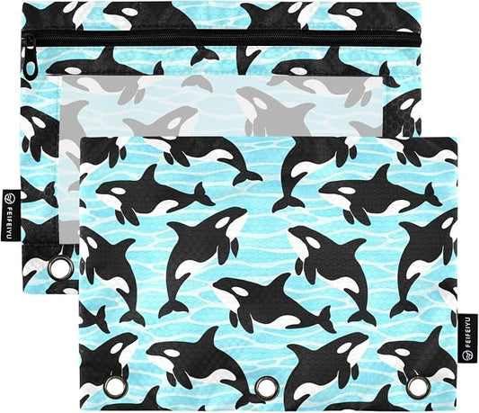 Orca Killer Whale Pencil Pouches for 3 Ring Binder, Zipper Binder Pencil Case, 2 Pack Clear Window Case Bag for Office Organizers