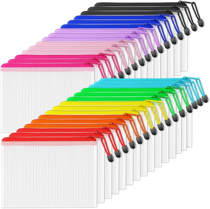 SUNEE Mesh Zipper Pouch 6.8x9.2 in (10 Colors, 30 Packs), Mesh Bags with Zipper for School Office Supplies, Puzzles & Games, Travel Accessories