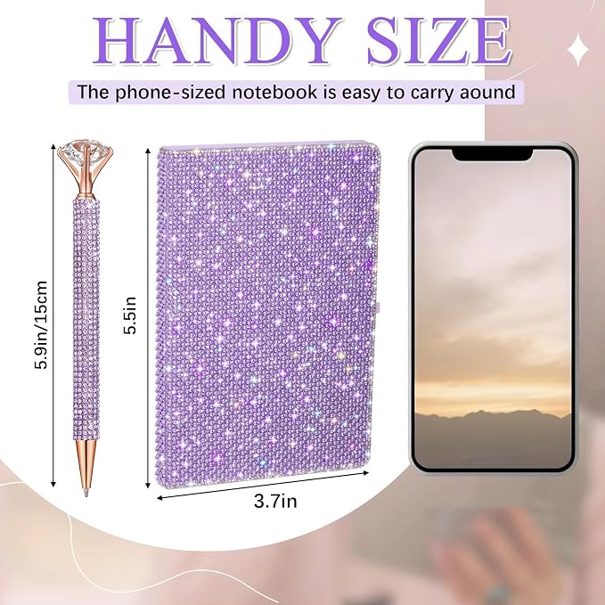 Resholder Rhinestone Pen & Glitter Notebook Set, Hard Cover Bling Diary Journal for Girls, Cute School Supplies for Back to School, Sparkly Desk Accessories Gift for Women(Pearl,A6,Purple)