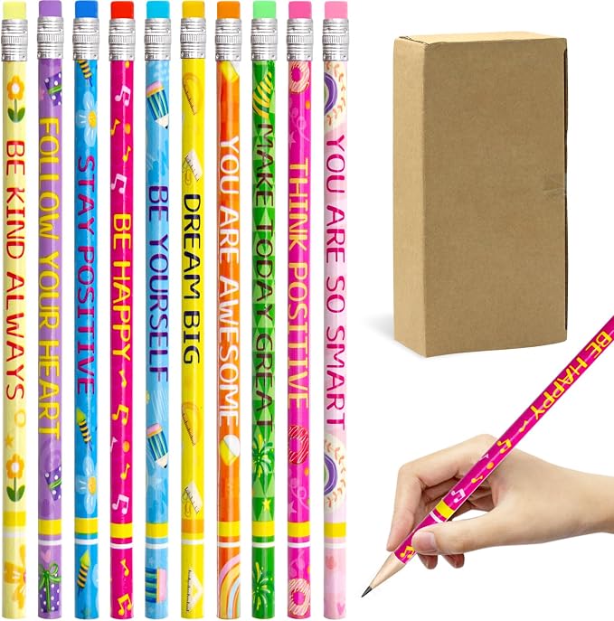 Fancy Land Inspirational Pencils with Eraser, Motivational Sayings, 50PCS | Wooden, Motivational Sayings, Classroom School Teacher Award, For Kids
