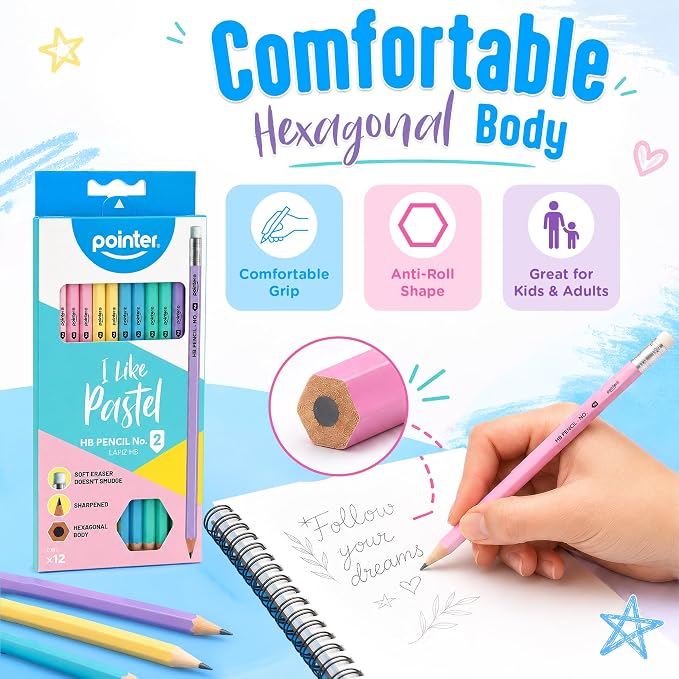 Pointer Pastel HB Pencils with Soft Eraser, Hexagonal Body, Pre-Sharpened, Assorted Colors, 12 Count | #2 HB Writing Core Pre-Sharpened Tips Built-In Erasers Hexagonal Anti-Roll Design Back to School Essential