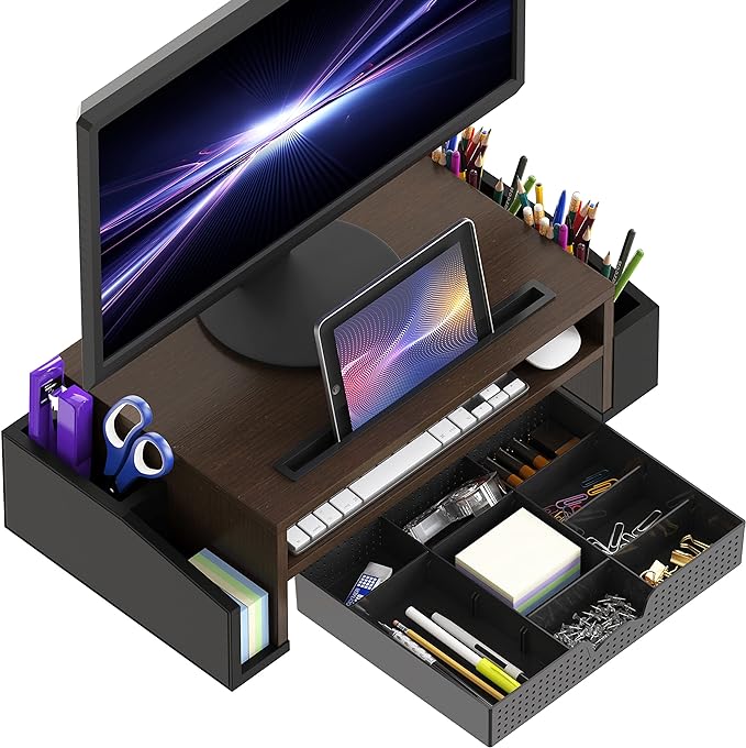 Simple Houseware Desk Monitor Stand Riser w/ Adjustable Tray, Espresso | Built-In Tablet Slot and Side Storage