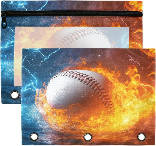 Wamika Baseball Softball Binder Pouches 3 Ring for Boys Girls School Office College Supplies Red Lace Over White Background Sports Theme Pencil Pouches Case Bag with Clear Window and Zipper 2 pack
