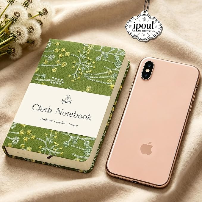 Pocket Notebook, A6 Journal, Small Embroidered Journal, Cute Fabric Notebook, Lay Flat Hardcover Journal, 4x6 Lined Notebook & Sketchbook, Personal Writing Journal for Women, Green Dandelion