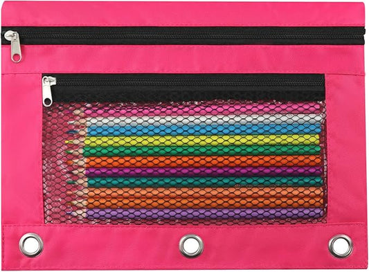 Pencil Pouch for 3 Ring Binder, Heavy Duty Canvas Dual Zipper Pen Bag with Clear Window, Smooth Metal Zipper, Fit Standard 3-Ring Binders for School Office Travel Supplies