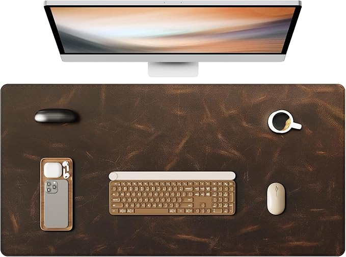 YSAGi Leather Desk Mat, 31.5"x15.8"Real Leather Desk Pad,2mm Thick Desk Blotter with Stiched line,Oil-Wax Feel Mouse pad and Self-Healing Laptop Pad for Home & Office(Classic Dark Brown)