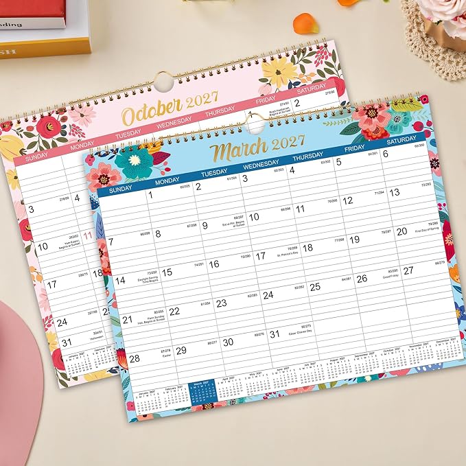 2027 Calendar - 2027 Wall Calendar, Jan.2027 - Dec.2027, 15" x 11.5" | 2027 Wall Calendar 12 Month, Twin-Wire Binding, Julian Dates, Large Block, Notes, To-do List, Thick Paper - Floral