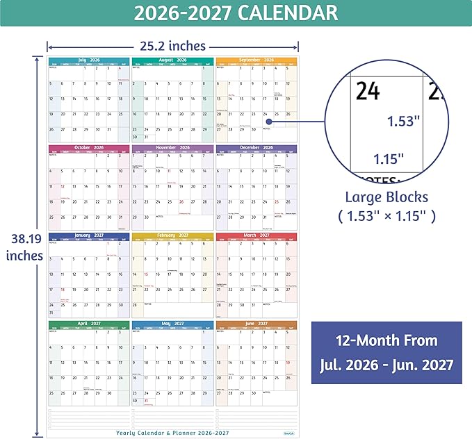Yearly Wall Calendar 2026-2027 - Large Yearly Calendar 2026-2027, Jul 2026 - Jun 2027, 25.2'' x 38.2'' (Open), Yearly Calendar 12 Months, with To-do Lists, Notes, Stickers, All At One Page