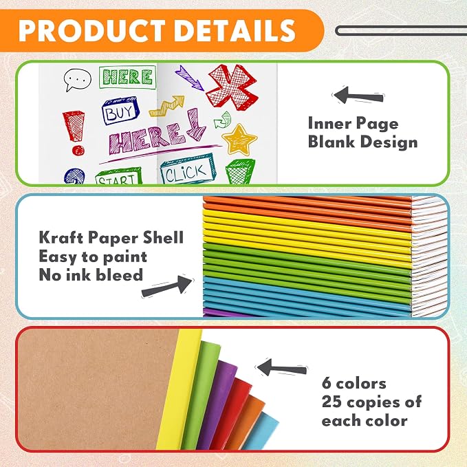 150 Pack A6 Kraft Paper Notebooks Blank Page Mini Notebooks Bulk Sewn Travel Journal Kraft Pocket Memo Pad Unlined Subject Notepads for Travelers Students Classroom School Supplies(Multicolor)