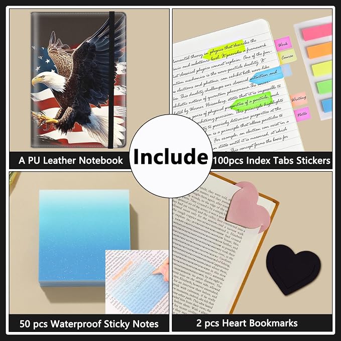 A5 Leather Lined Journal Notebook, 200 Pages Hardcover Executive Notebook for Office School Note Taking, Thick Writing Paper Daily Journal with Bookmarks/Indexes, American Flag Bald Eagle