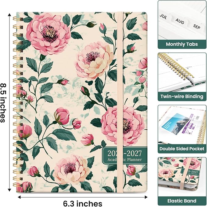 Planner 2026-2027, Academic Year Monthly and Weekly Calendar Planner, Jul 2026 - Jun 2027, Hardcover Teacher Student Planning Agenda book with Tabs, Perfect for School Office Supplies, 6.3" x 8.5" - Blush Peony